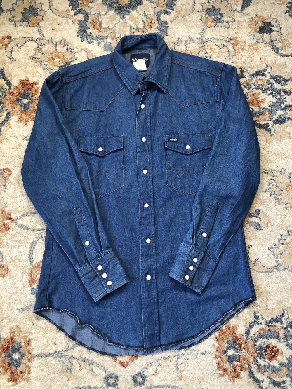 Wrangler Denim Western Shirt Mens Medium Pearl Snap Long Sleeve Cowboy MS70119